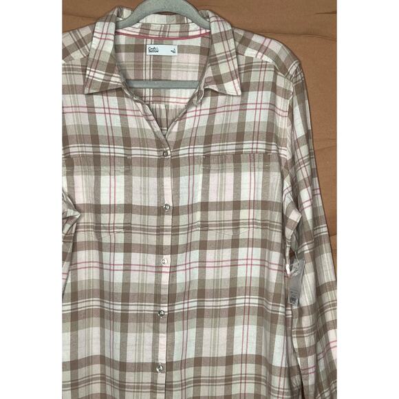 NWT-Croft & Barrow Beige/Tan & Pink Plaid Flannel Long Sleeve Button Up, Sz L - Picture 3 of 10